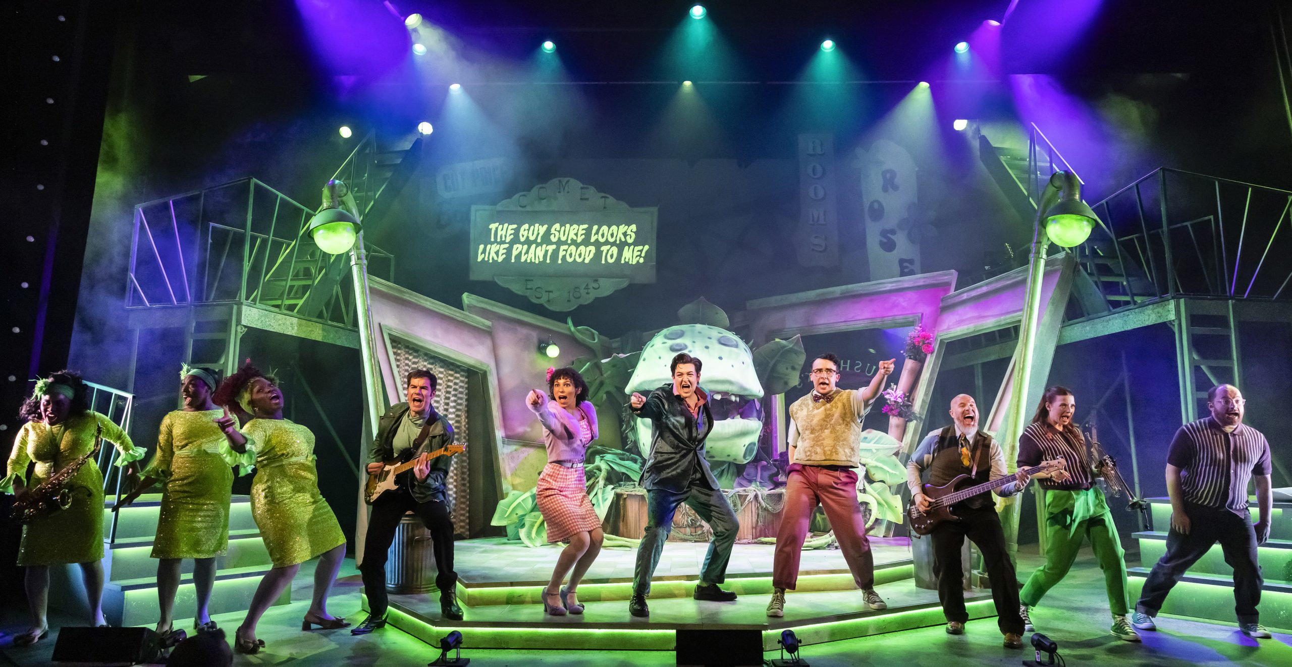 the cast of Little Shops of Horrors performing the finale